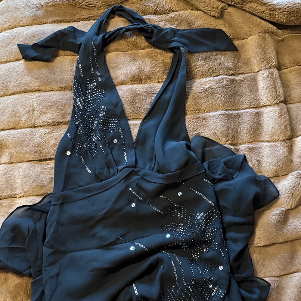 WOMENS VINTAGE BLACK BCBG MAXAZRIA SEQUIN SILK COCKTAIL HALTER DRESS